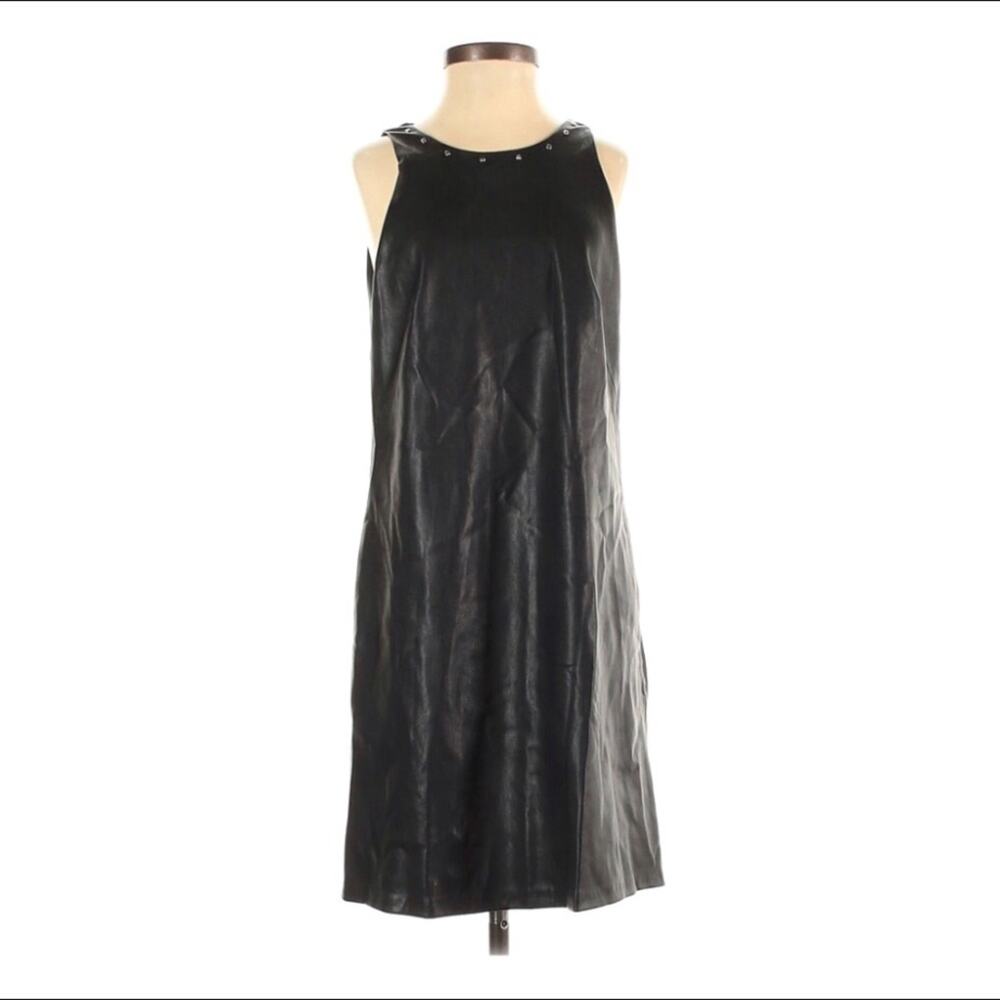 Zara Faux Leather Studded Crew Neck Dress with Pockets Black xs